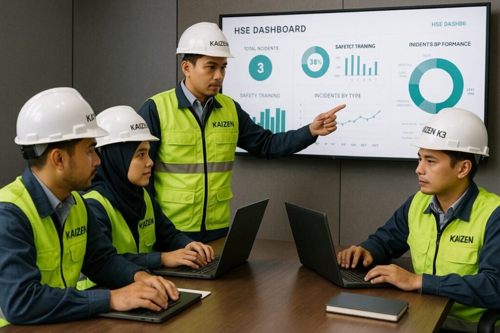 Kontraktor LABS oleh Kaizen K3 sedang melakukan pelatihan K3 di ruang meeting modern, dengan instruktur menunjuk layar HSE Dashboard berisi data keselamatan dan peserta menggunakan laptop dalam suasana profesional.