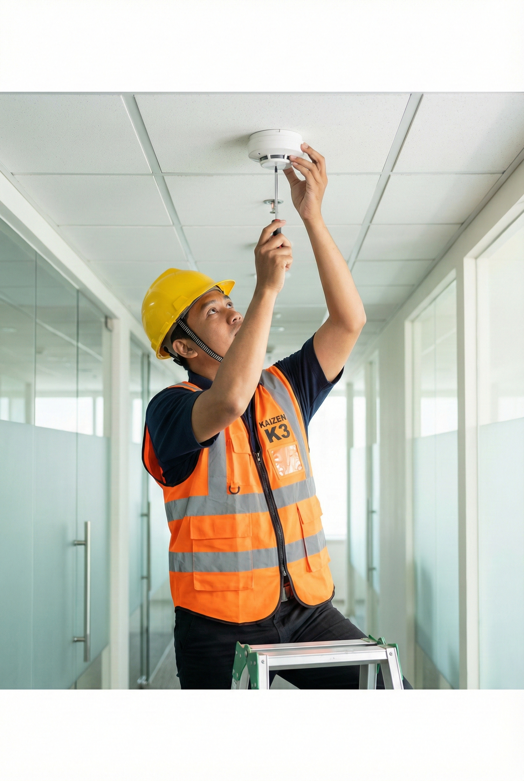 Teknisi Kaizen K3 memasang detector asap pada plafon kantor sebagai bagian dari instalasi sistem fire alarm sesuai standar keselamatan kerja